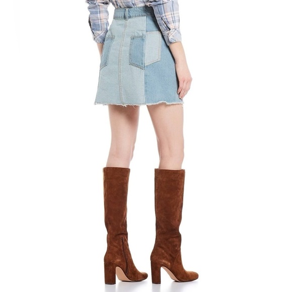 Chelsea and Violet Colorblock Patchwork Jean Skirt Blue Denim Raw Hem Size 31 - Picture 2 of 12